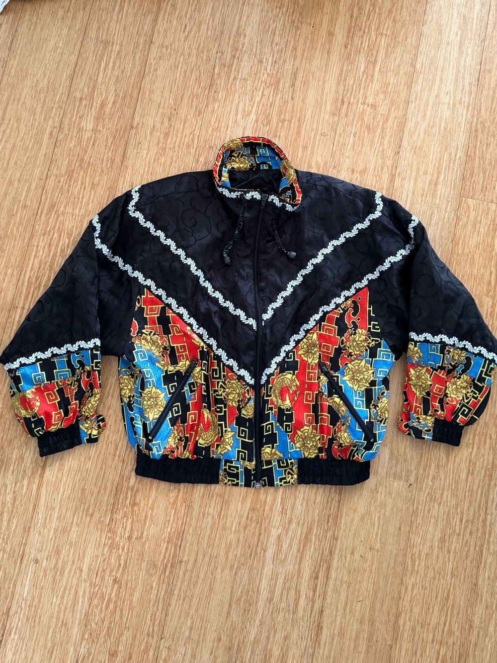 Vintage Giacca black yellow red royal print ornate zip up bomber jacket